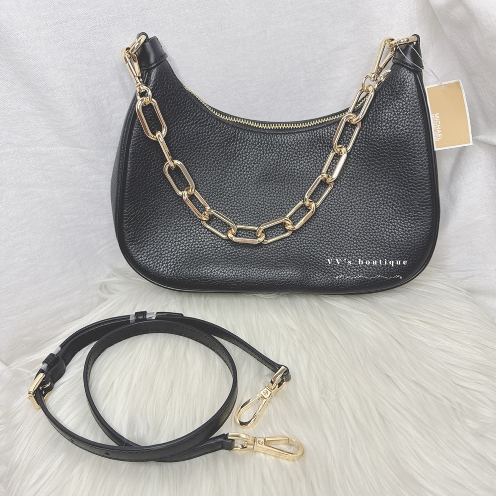 NWT Michael Kors Cora Large Pebbled Leather Chain Link Crossbody Bag Black - Picture 5 of 10